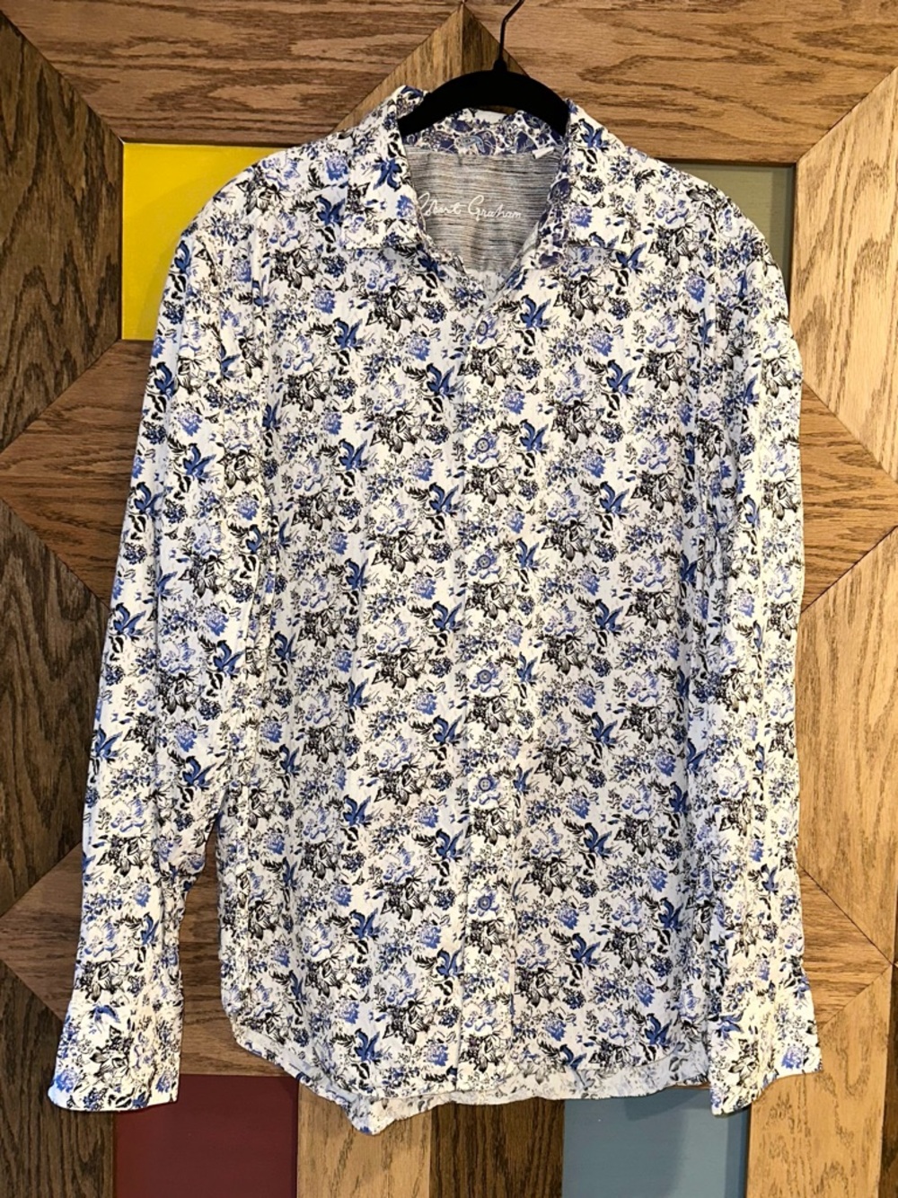 Robert Graham Floral Shirt Men’s Long Sleeve 100% Cotton White & Blue Sz L